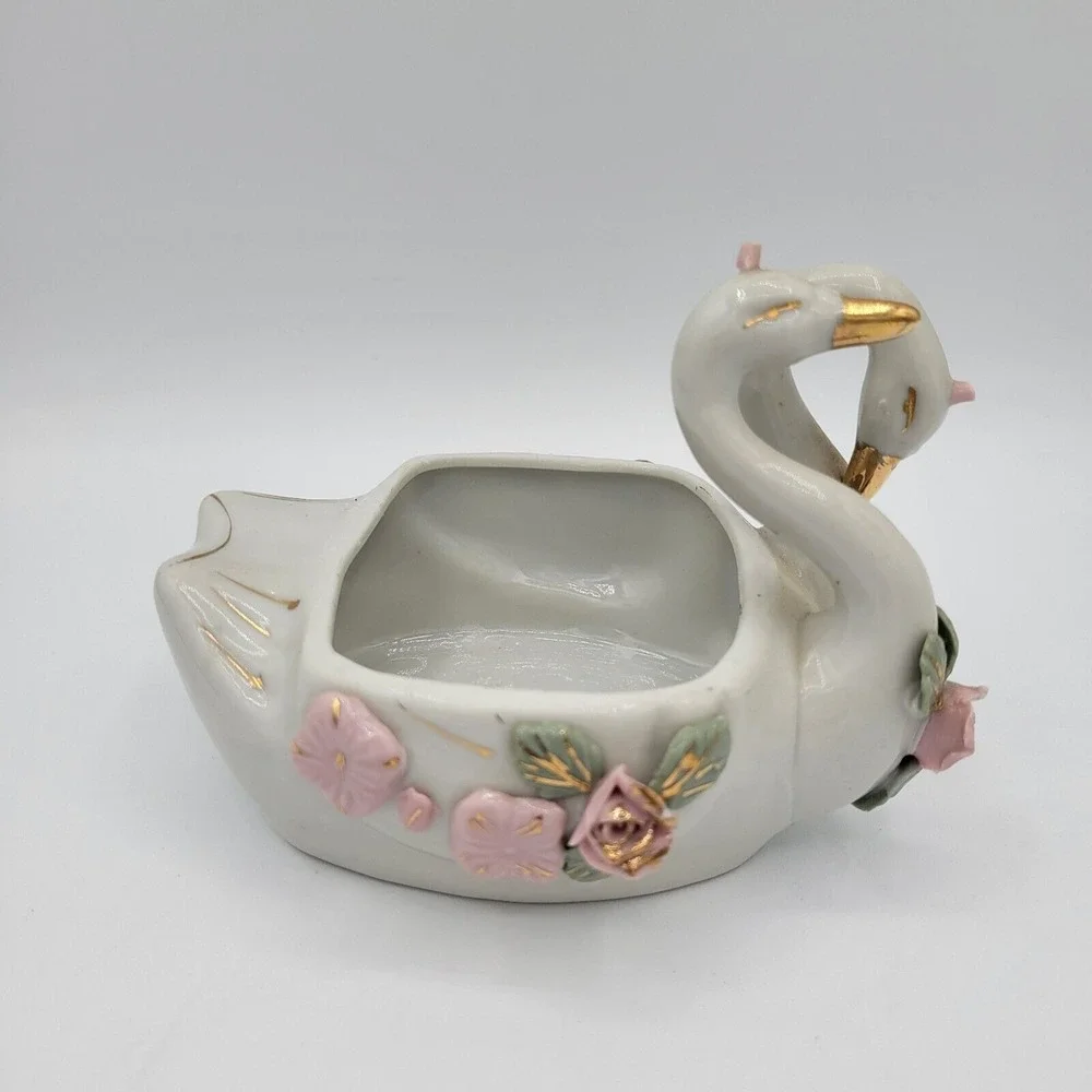 Vintage Double Swan China Trinket‎ Dish Vase With Flowers Collectible Home Decor